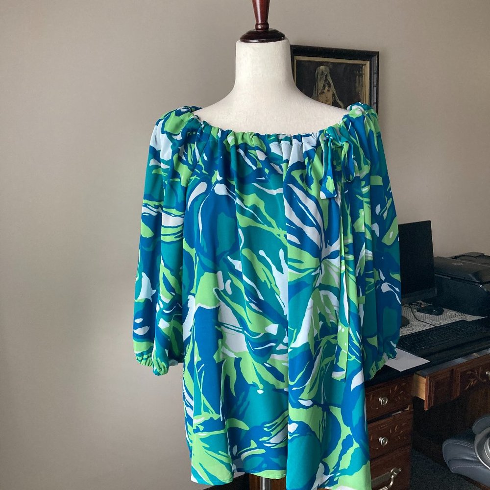 a.n.a Women's Top Plus Size 2X Multi-Color Lined Boat Neck 3/4 Bell Sleeve